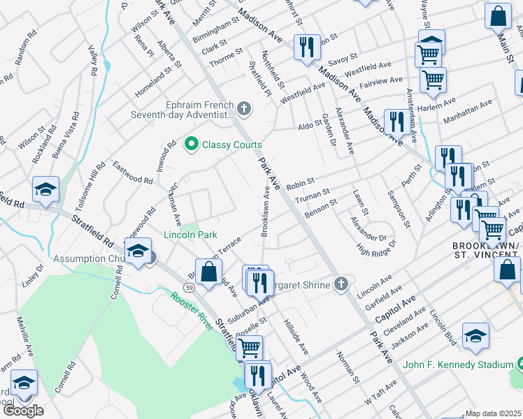 map of restaurants, bars, coffee shops, grocery stores, and more near 1335 Brooklawn Avenue in Fairfield