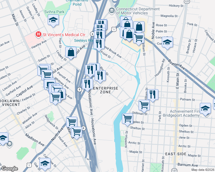 map of restaurants, bars, coffee shops, grocery stores, and more near 217 Merriam Street in Bridgeport