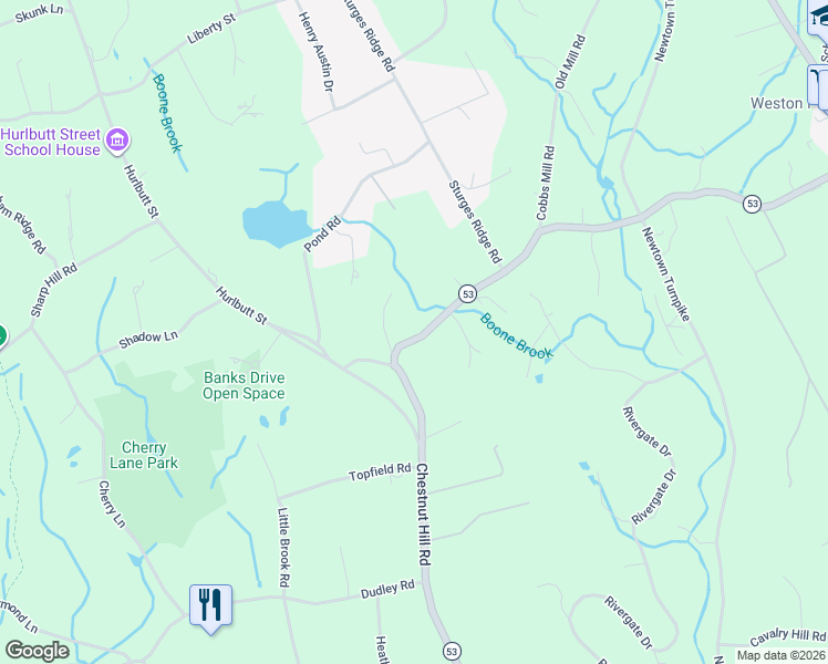 map of restaurants, bars, coffee shops, grocery stores, and more near 51 Cedar Road in Wilton