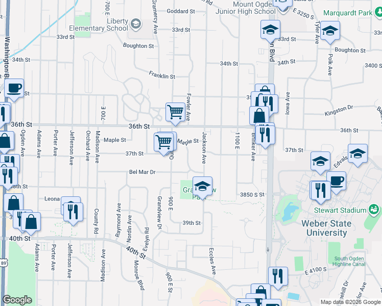map of restaurants, bars, coffee shops, grocery stores, and more near 3704 Fowler Avenue in Ogden