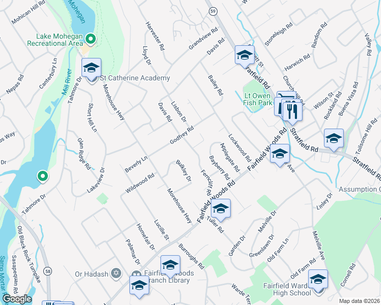 map of restaurants, bars, coffee shops, grocery stores, and more near 261 Ferncliff Road in Fairfield