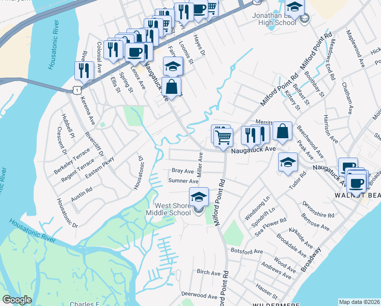 map of restaurants, bars, coffee shops, grocery stores, and more near 18 Hobson Avenue in Milford