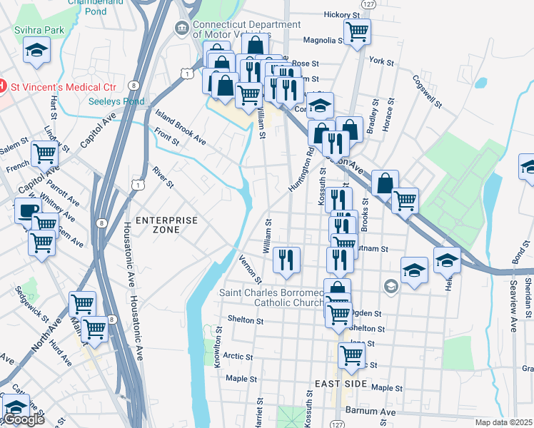 map of restaurants, bars, coffee shops, grocery stores, and more near 835 William Street in Bridgeport