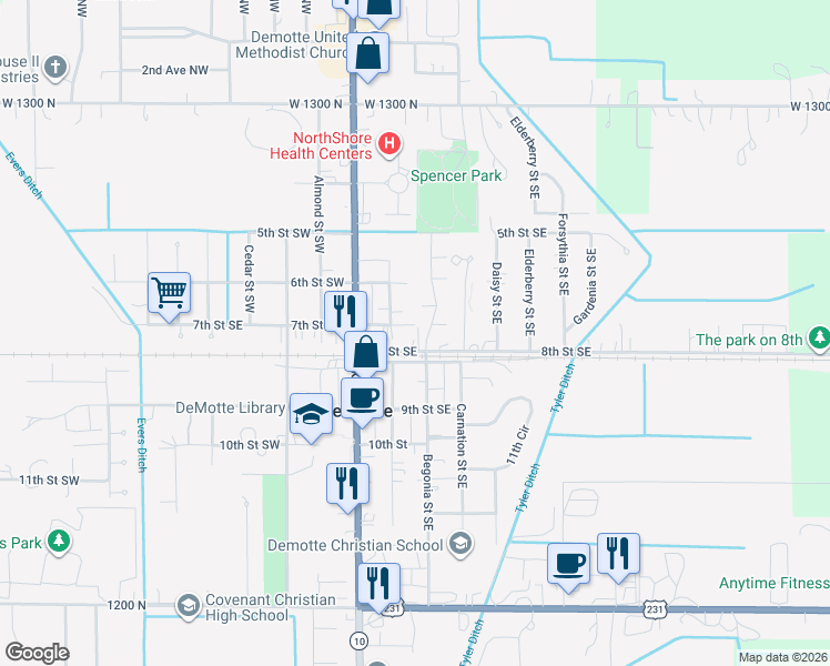map of restaurants, bars, coffee shops, grocery stores, and more near 218 8th Street Southeast in De Motte