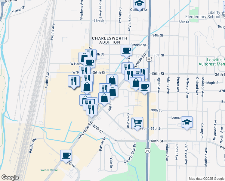 map of restaurants, bars, coffee shops, grocery stores, and more near 3697 Riverdale Road in South Ogden