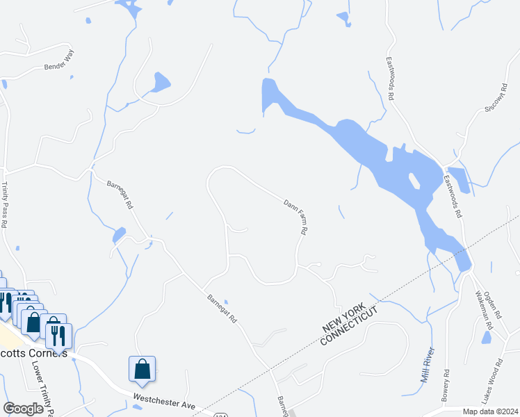 map of restaurants, bars, coffee shops, grocery stores, and more near 73 Dann Farm Road in Pound Ridge
