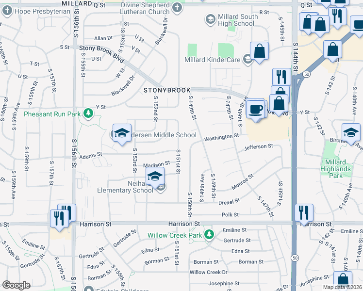map of restaurants, bars, coffee shops, grocery stores, and more near 6229 South 151st Street in Omaha