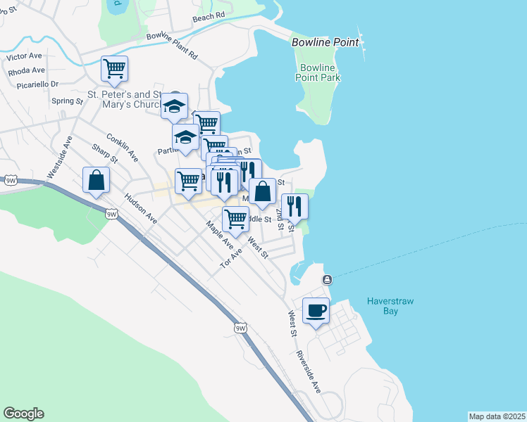 map of restaurants, bars, coffee shops, grocery stores, and more near 13 3rd Street in Congers