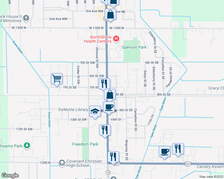 map of restaurants, bars, coffee shops, grocery stores, and more near 117 7th Street Southeast in De Motte
