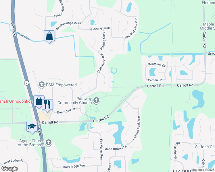 map of restaurants, bars, coffee shops, grocery stores, and more near 12310 Hummingbird Cove in Fort Wayne
