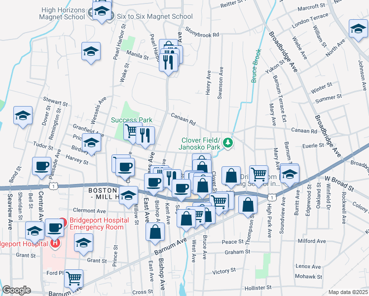 map of restaurants, bars, coffee shops, grocery stores, and more near 243 Weber Street in Stratford