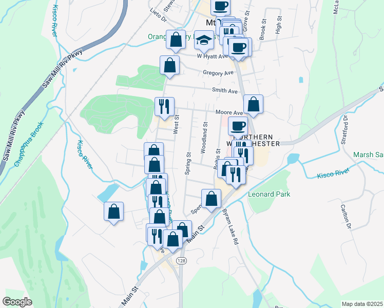 map of restaurants, bars, coffee shops, grocery stores, and more near 63 Spring Street in Mount Kisco