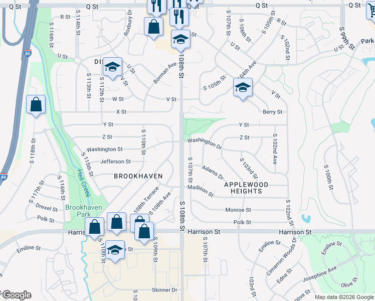 map of restaurants, bars, coffee shops, grocery stores, and more near 6218 South 107th Street in Omaha