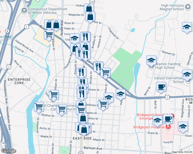map of restaurants, bars, coffee shops, grocery stores, and more near 722 Brooks Street in Bridgeport