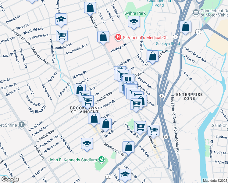 map of restaurants, bars, coffee shops, grocery stores, and more near 591 Capitol Avenue in Bridgeport