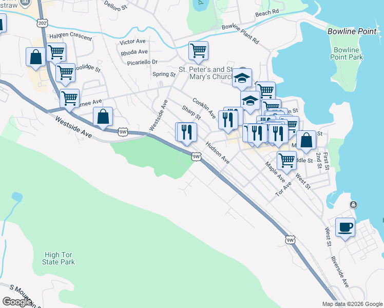 map of restaurants, bars, coffee shops, grocery stores, and more near 54 Conger Avenue in Haverstraw