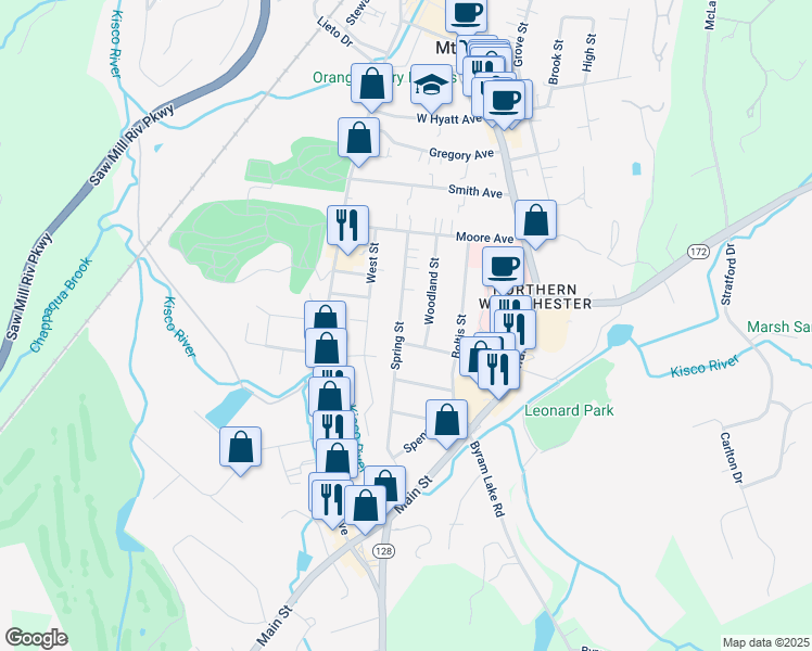 map of restaurants, bars, coffee shops, grocery stores, and more near 63 Spring Street in Mount Kisco