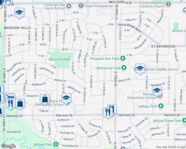 map of restaurants, bars, coffee shops, grocery stores, and more near 6207 South 159th Street in Omaha