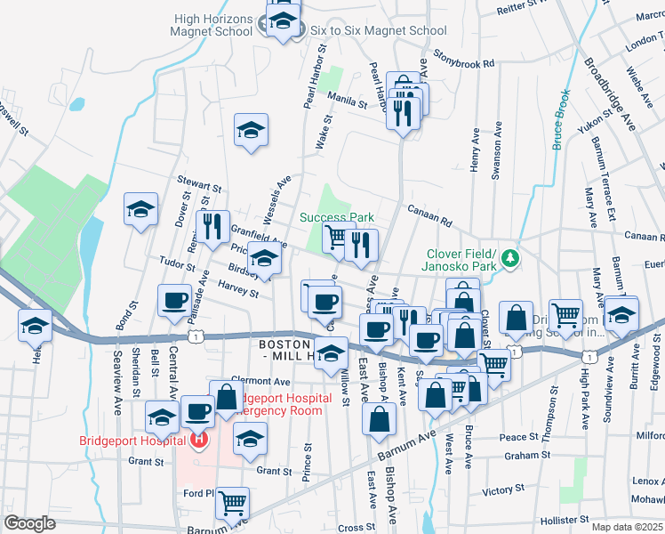 map of restaurants, bars, coffee shops, grocery stores, and more near 326 Carnegie Avenue in Bridgeport