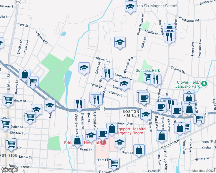 map of restaurants, bars, coffee shops, grocery stores, and more near 26 Birdsey Street in Bridgeport