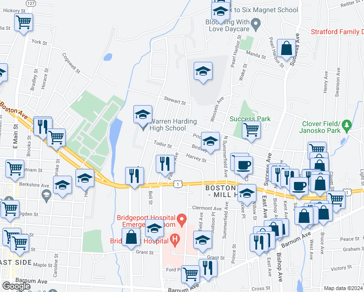 map of restaurants, bars, coffee shops, grocery stores, and more near 26 Birdsey Street in Bridgeport