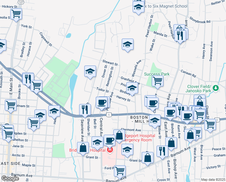 map of restaurants, bars, coffee shops, grocery stores, and more near 26 Birdsey Street in Bridgeport