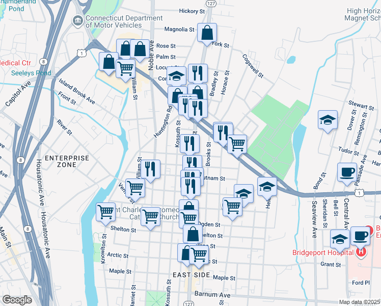 map of restaurants, bars, coffee shops, grocery stores, and more near 1567 East Main Street in Bridgeport