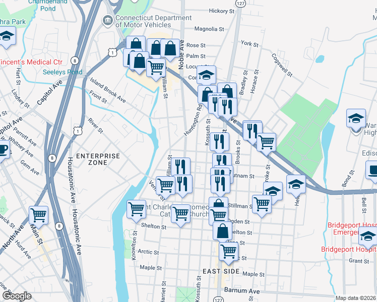 map of restaurants, bars, coffee shops, grocery stores, and more near in Bridgeport