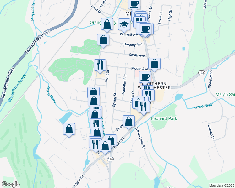 map of restaurants, bars, coffee shops, grocery stores, and more near 63 Spring Street in Mount Kisco