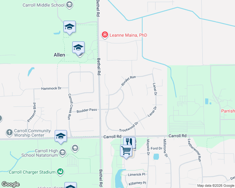 map of restaurants, bars, coffee shops, grocery stores, and more near 3311 Rivulet Run in Fort Wayne