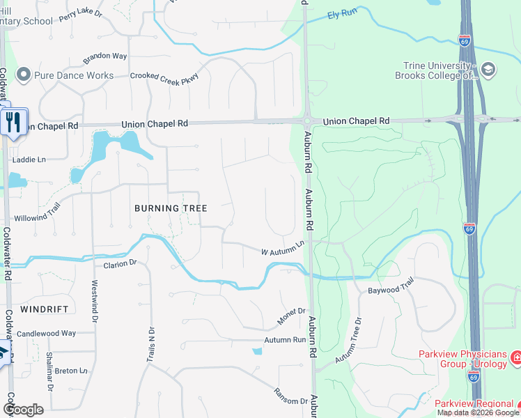 map of restaurants, bars, coffee shops, grocery stores, and more near 12217 Harvest Bay Drive in Fort Wayne