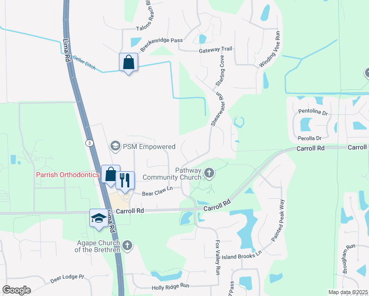 map of restaurants, bars, coffee shops, grocery stores, and more near 12306 Jacobas Place in Fort Wayne