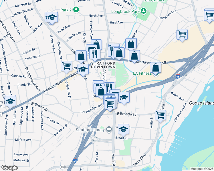 map of restaurants, bars, coffee shops, grocery stores, and more near 2590 Main Street in Stratford