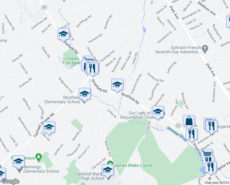 map of restaurants, bars, coffee shops, grocery stores, and more near 990 Stratfield Road in Fairfield