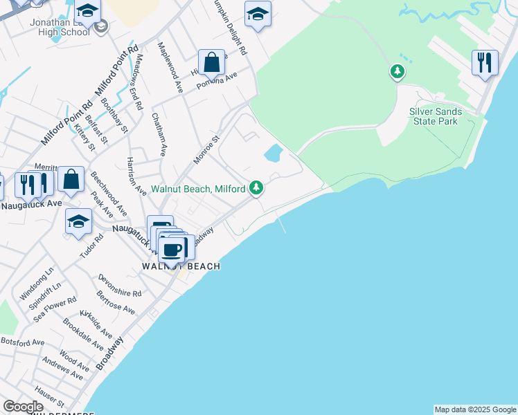 map of restaurants, bars, coffee shops, grocery stores, and more near 160 East Broadway in Milford