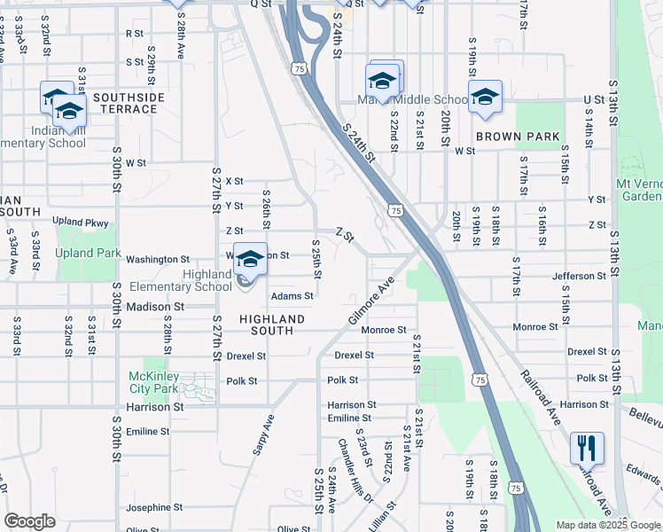 map of restaurants, bars, coffee shops, grocery stores, and more near 6259 South 25th Street in Omaha