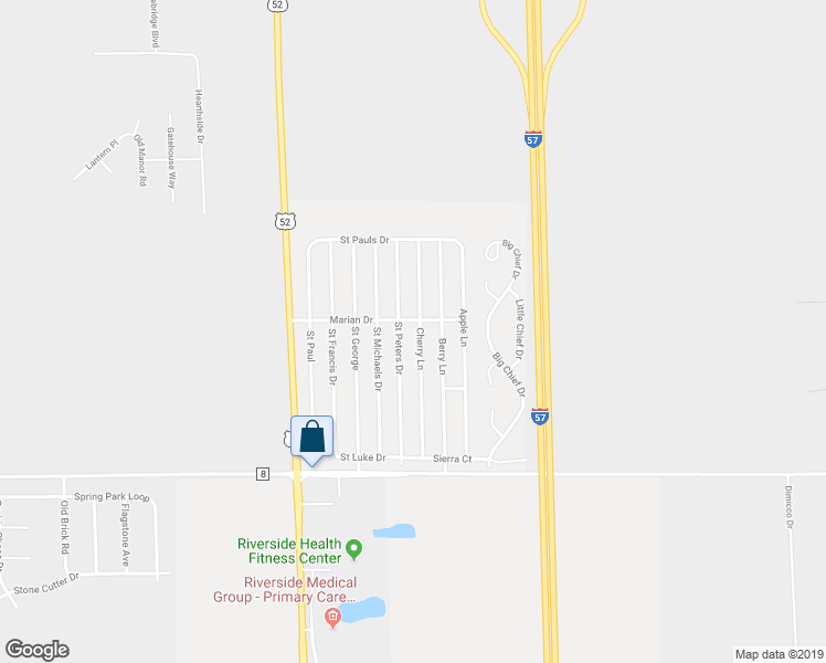 map of restaurants, bars, coffee shops, grocery stores, and more near 52 Cherry Lane in Bourbonnais