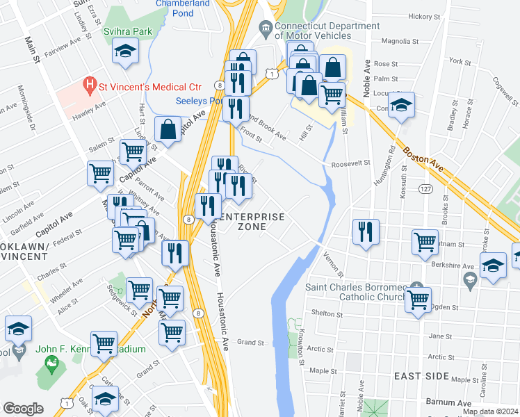 map of restaurants, bars, coffee shops, grocery stores, and more near 215 Merriam Street in Bridgeport