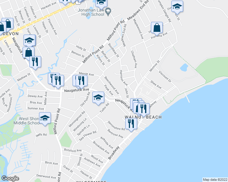 map of restaurants, bars, coffee shops, grocery stores, and more near 22 Beechwood Avenue in Milford