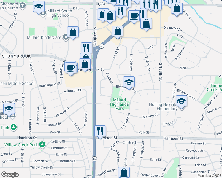 map of restaurants, bars, coffee shops, grocery stores, and more near 6318 South 142nd Street in Omaha