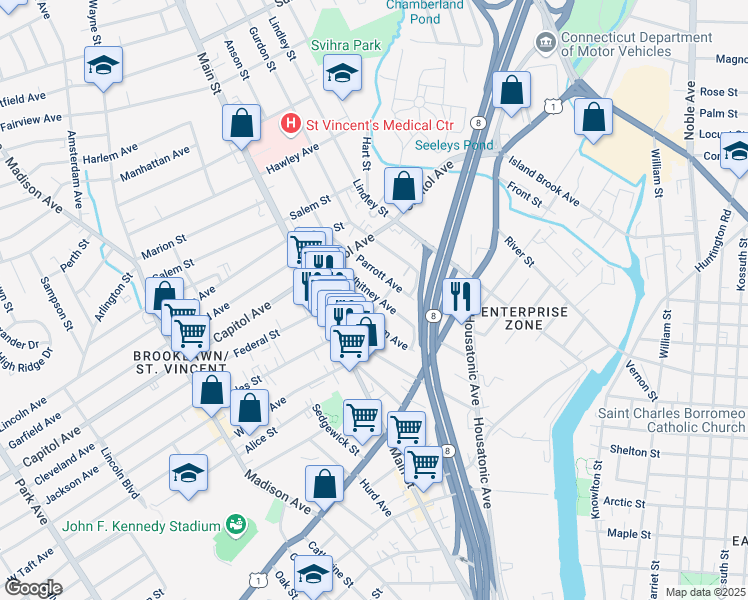 map of restaurants, bars, coffee shops, grocery stores, and more near 179 Whitney Avenue in Bridgeport