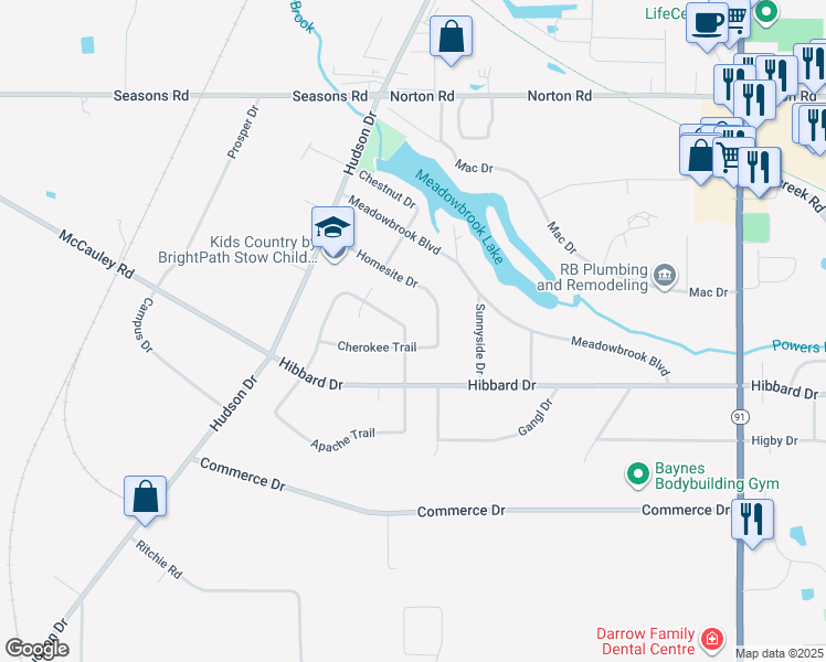 map of restaurants, bars, coffee shops, grocery stores, and more near 5000 Comanche Trail in Stow