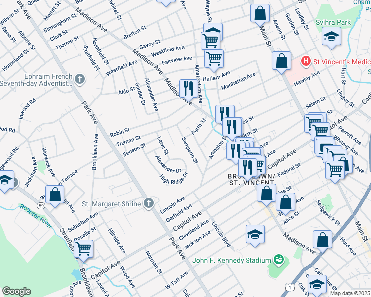 map of restaurants, bars, coffee shops, grocery stores, and more near 151 Sampson Street in Bridgeport