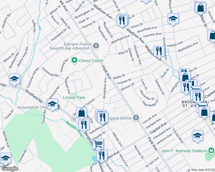 map of restaurants, bars, coffee shops, grocery stores, and more near 1335 Brooklawn Avenue in Fairfield