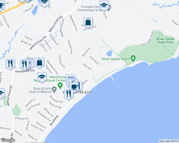map of restaurants, bars, coffee shops, grocery stores, and more near 34 Shea Avenue in Milford