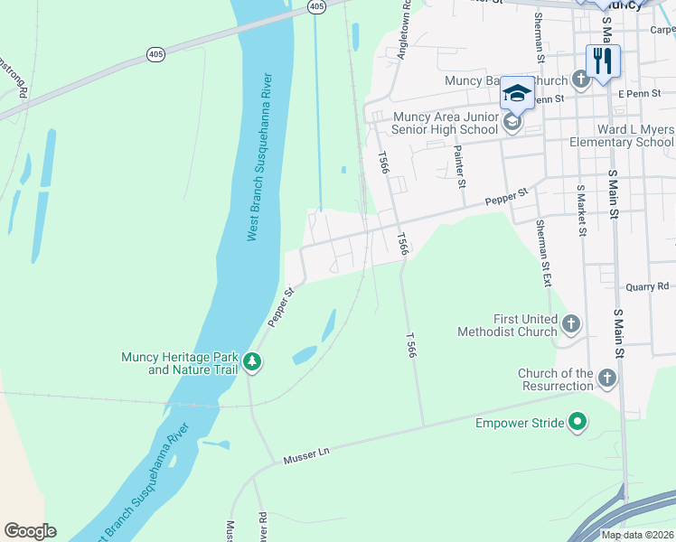 map of restaurants, bars, coffee shops, grocery stores, and more near 95 Port Penn Road in Muncy