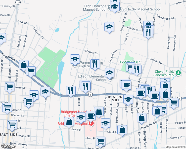 map of restaurants, bars, coffee shops, grocery stores, and more near 26 Birdsey Street in Bridgeport