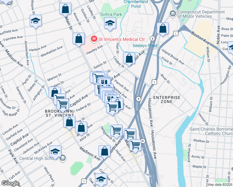 map of restaurants, bars, coffee shops, grocery stores, and more near 404 Wells Street in Bridgeport