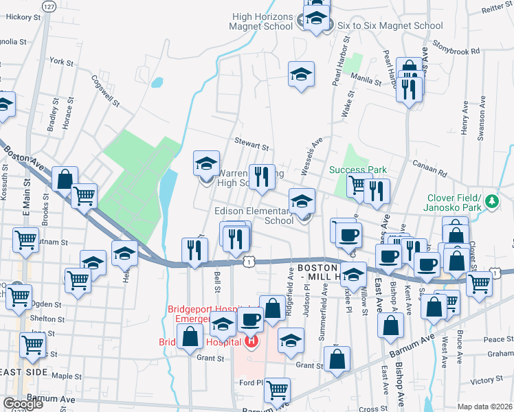 map of restaurants, bars, coffee shops, grocery stores, and more near 26 Birdsey Street in Bridgeport