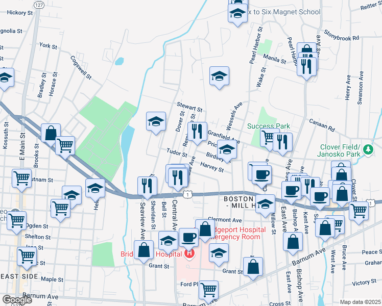 map of restaurants, bars, coffee shops, grocery stores, and more near 26 Birdsey Street in Bridgeport
